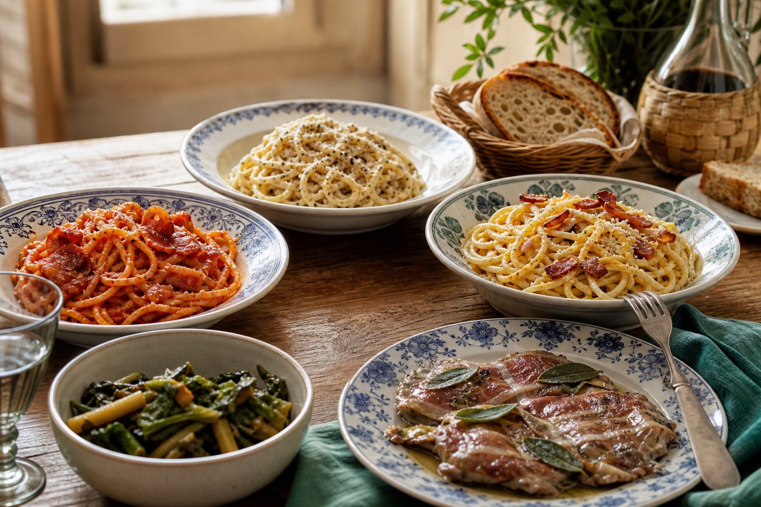 Assortimento di piatti tipici della cucina romana serviti su una tavola rustica.