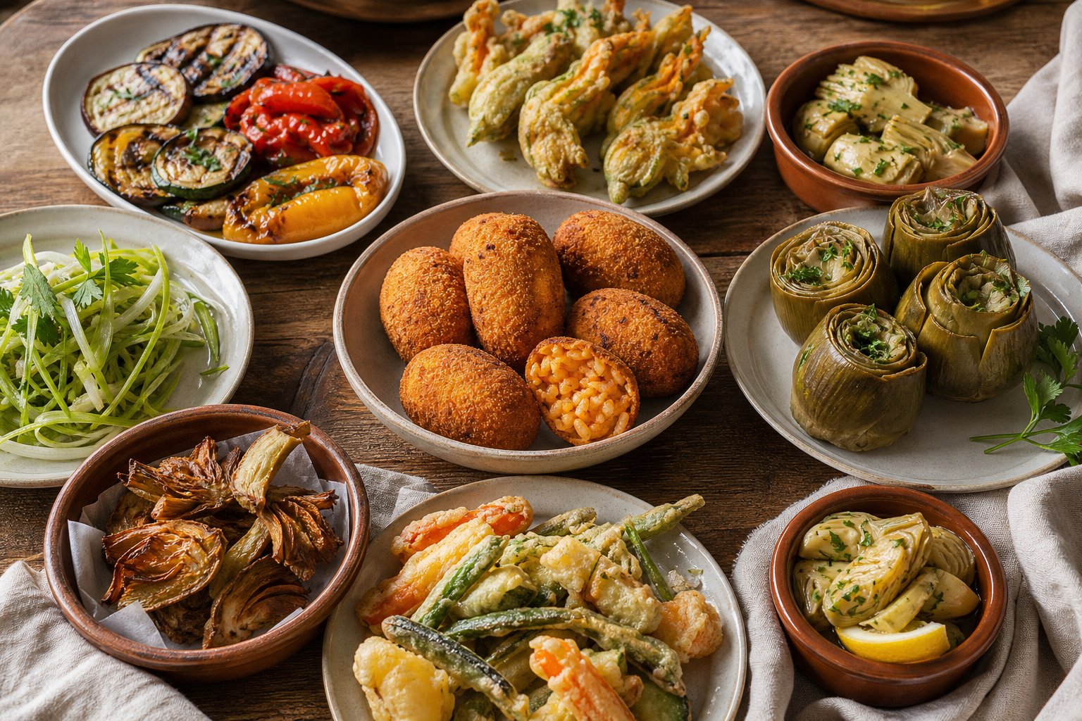 Tavola con antipasti, fritti e contorni tipici della cucina romana.