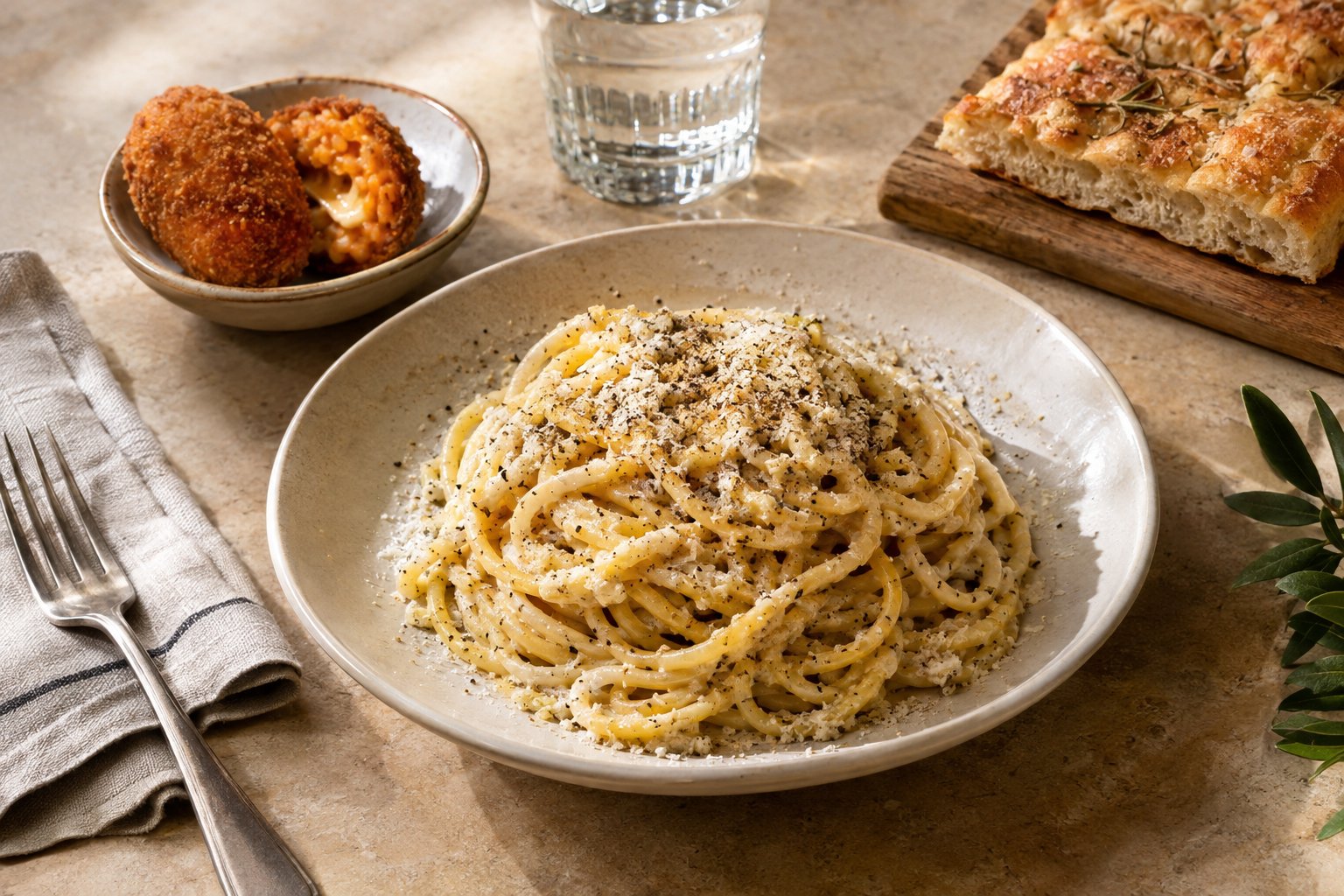 Un piatto di pasta cacio e pepe accompagnato da supplì e pizza bianca.
