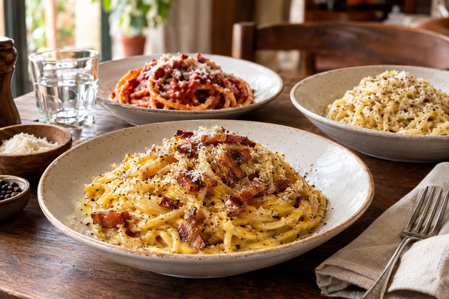 Piatti di carbonara, amatriciana e cacio e pepe su un tavolo.
