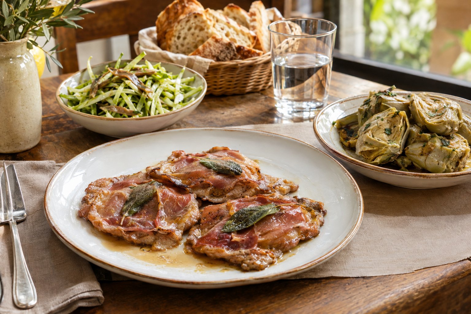 Saltimbocca alla romana servito con carciofi alla romana e puntarelle.