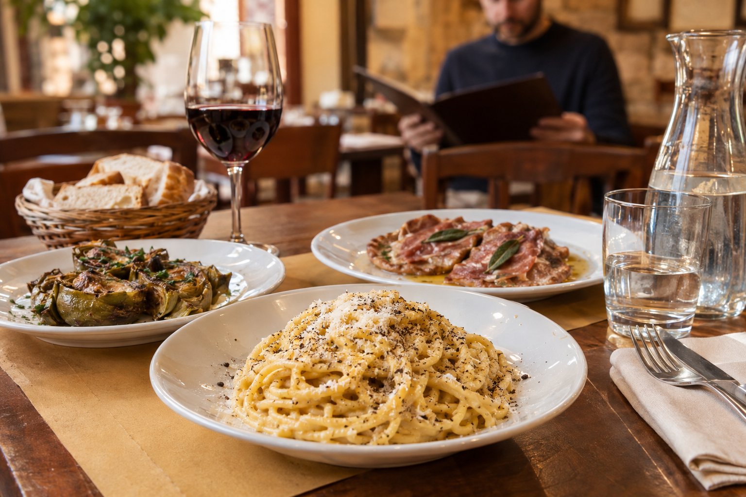Un commensale sceglie un pasto romano con pasta, carciofi e saltimbocca.