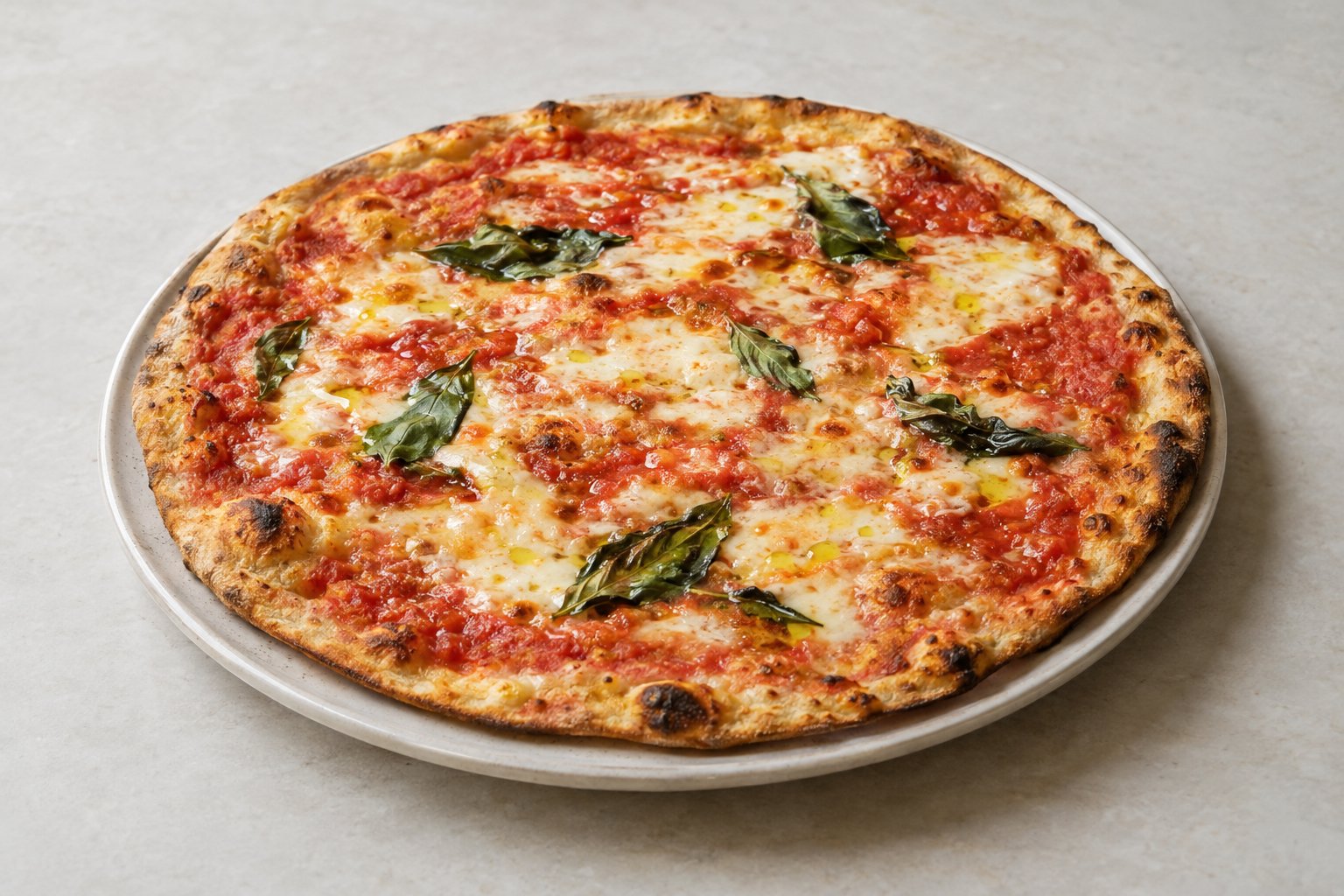 Una pizza romana sottile con pomodoro, mozzarella e basilico.