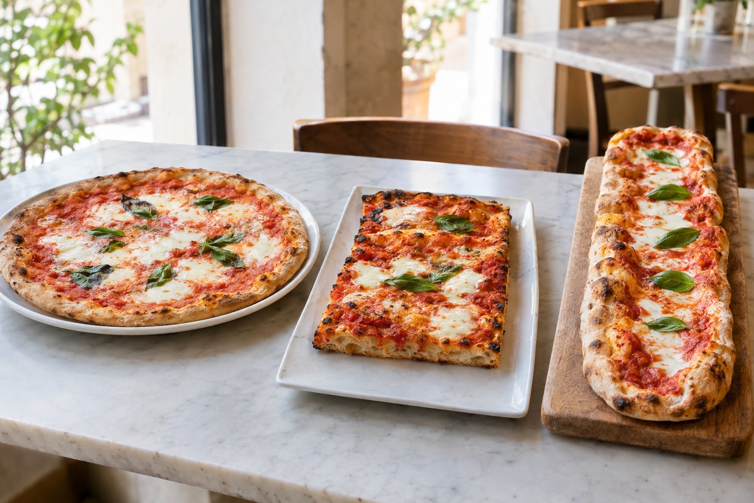 Tre pizze romane: una tonda, una al taglio e una lunga servita su una pala.