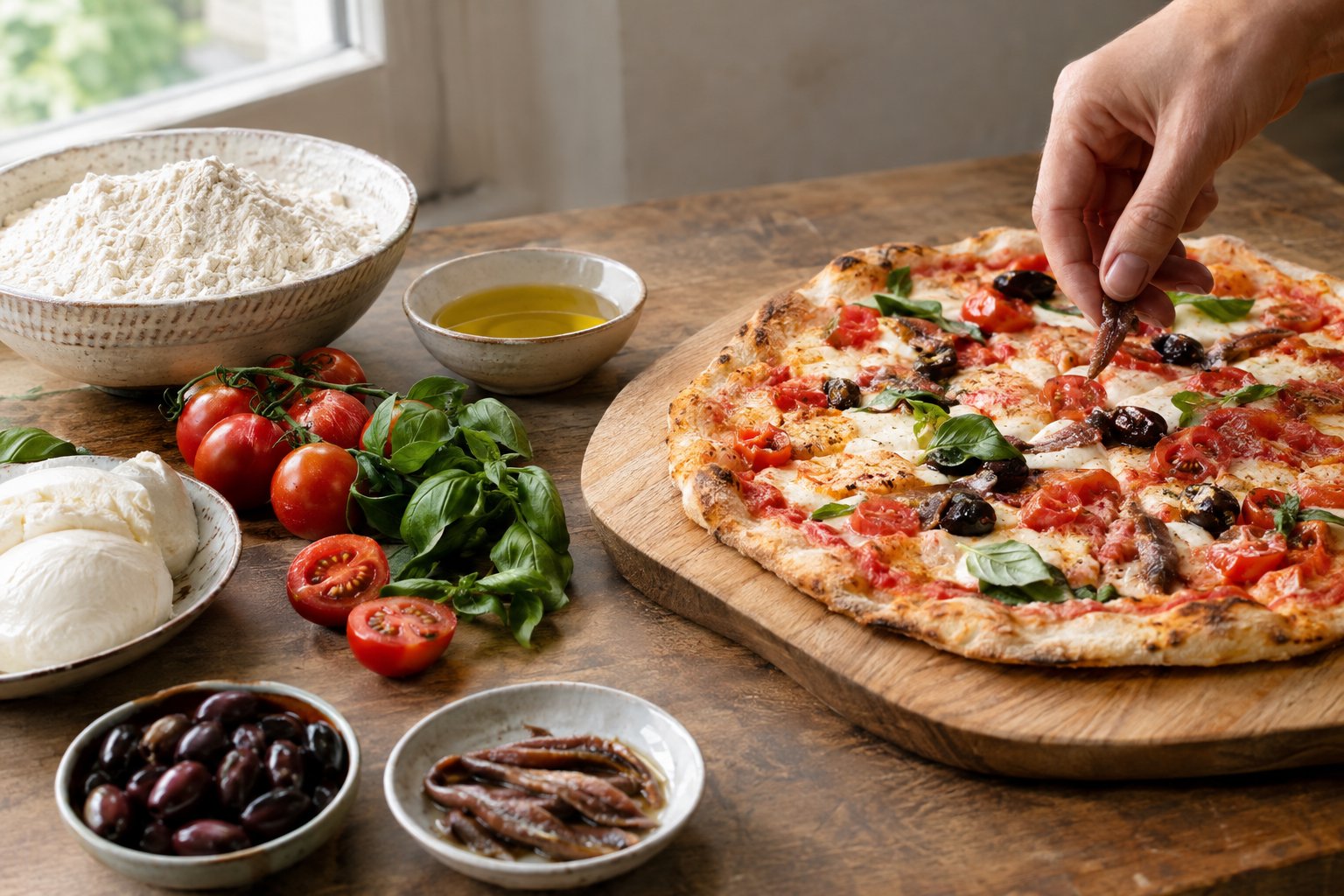 Una pizza romana con pomodori, mozzarella e basilico, circondata da ingredienti freschi.
